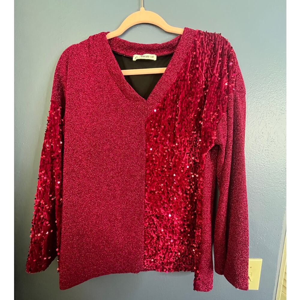 Macaron asymmetrical contrast velvety sequin knit v-neck fuchsia pink sweater M